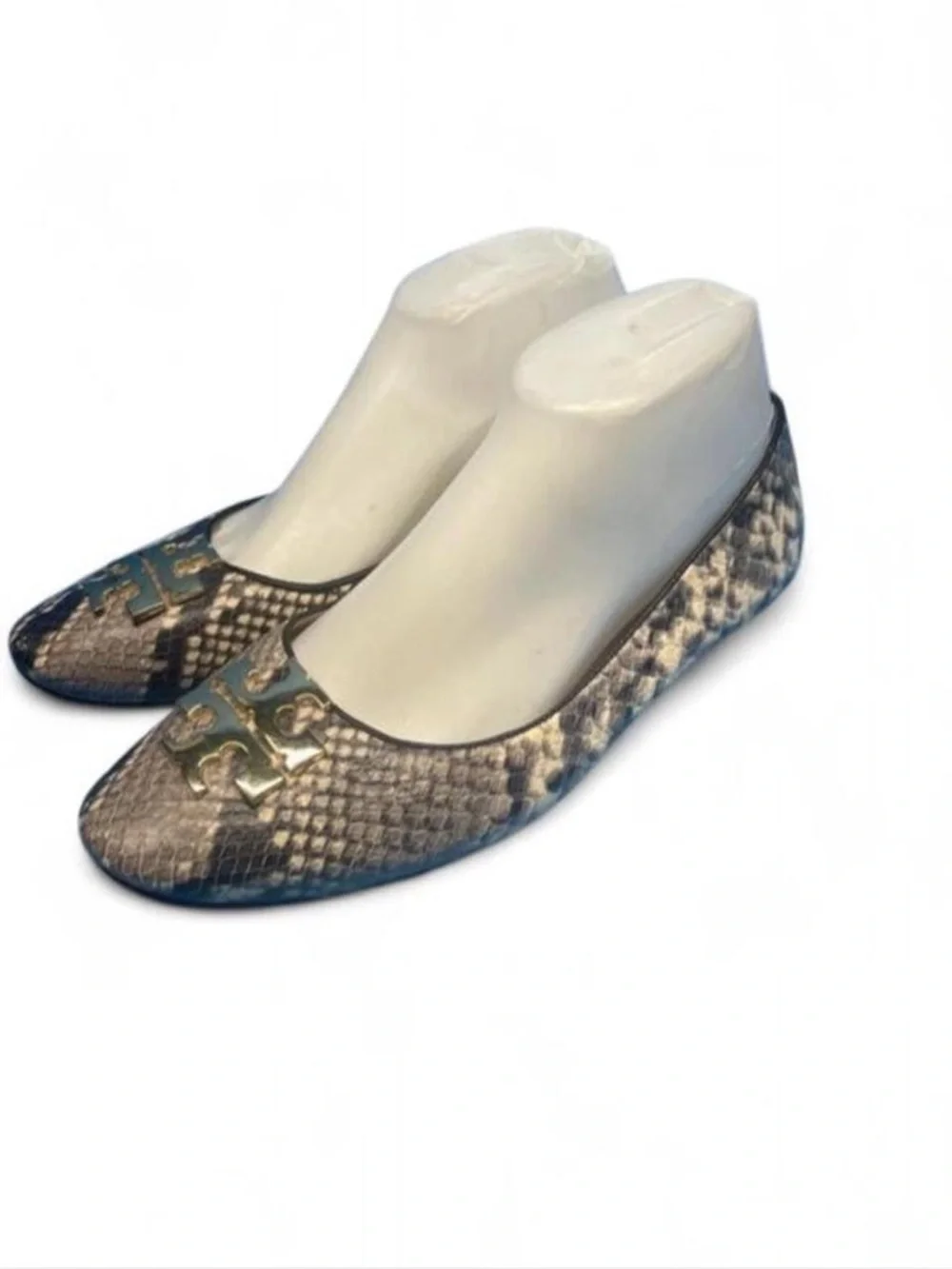 Tory Burch Georgia ballet flats, snake-printed leather, gold-toned logo plaque.